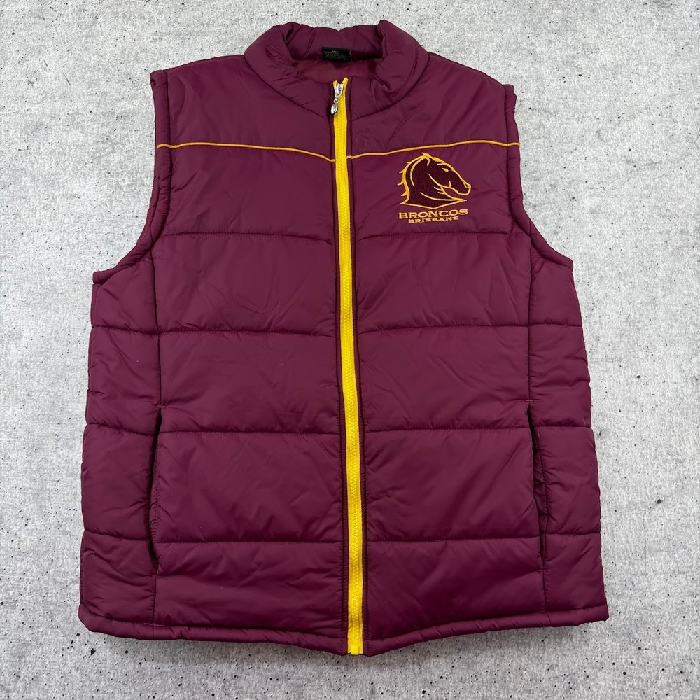Brisbane Broncos NRL Red Yellow Nylon Rugby‎ Puffer Vest Embroidered Adult Large